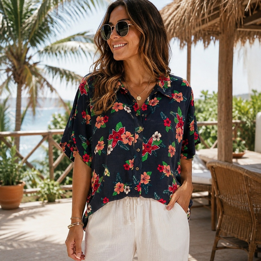 Womens Stranger Things Demogorgon Tropical Floral Camp Shirt Plus Size 1X Blue